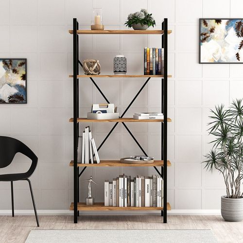 Bibliothèque Design En Métal - 5 Étagères - Bois Et Noir Fani