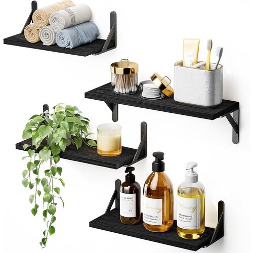 Gothicana By Emplot De 4 Étagères Flottantes En Bois Pour Décoration Murale, Étagères Murales Rustiques Pour Chambre À Coucher, Salle De Bain, Livres Pour Salon (Noir)