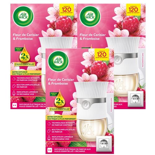 AIR WICK Lot de 3 Diffuseurs Electrique désodorisant Huiles essentielles Fleur de Cerisier & Framboise