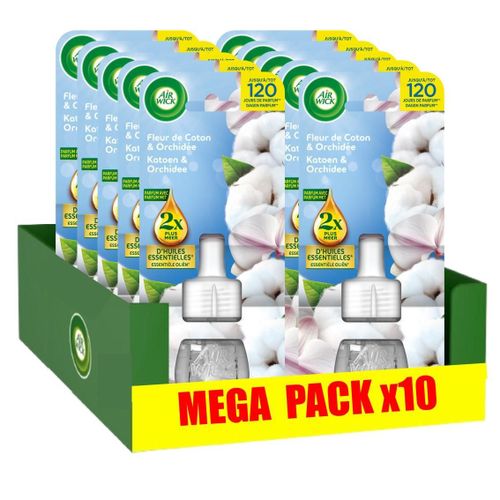 AIR WICK Lot de 10 Recharges Diffuseur désodorisant Electrique Huiles essentielles Coton et Orchidée