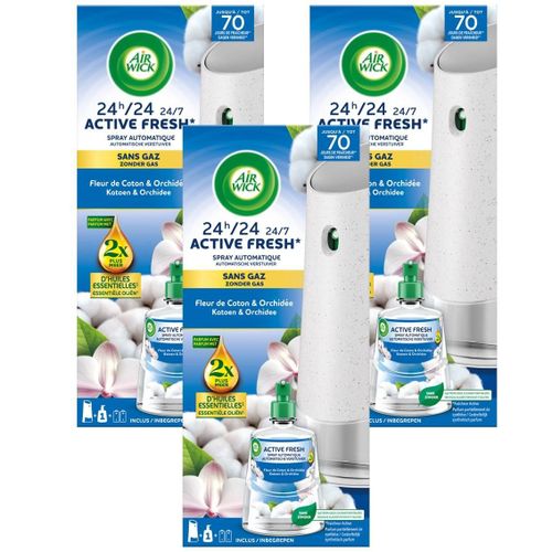 AIR WICK Lot de 3 Diffuseurs spray automatique désodorisant sans gaz Active Fresh + 1 recharge Fleur de Coton & Orchidée