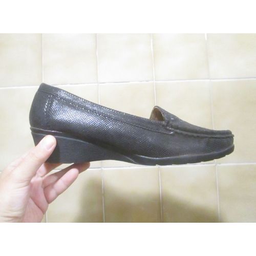 Chaussures Mocassins Noirs Satinés, Talon Compensé T. 39 Confortable