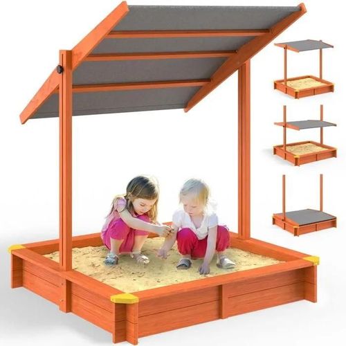 Bac À Sable En Bois 120x120 Cm Avec Toit Réglable Et Tapis De Sol ¿ Protection Uv50+