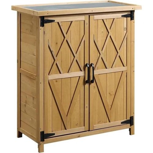 Abri De Jardin Extérieur Sur Pied Dim. 75l X 40l X 90h Cm 3 Étagères 2 Portes Toit En Tôle Galvanisé Étanche Bois Sapin Jaune