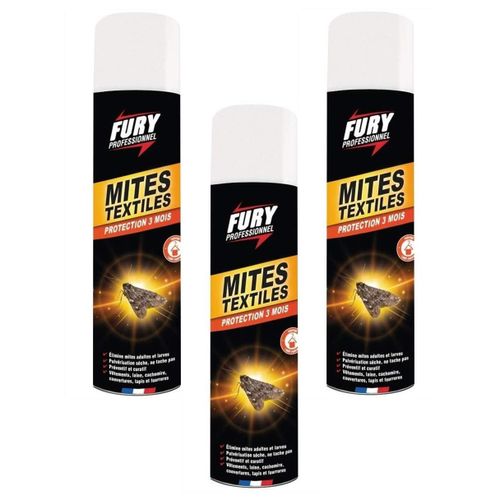 Fury Lot de 3 Aérosols 400 ml Anti-Mites et Larves Textiles Pulvérisation Sèche