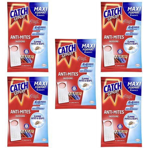 CATCH Lot de 5 Etuis de 6 Crochets Anti-Mites inodore MAXI FORMAT