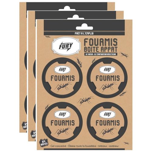 Fury Lot de 3 Packs de 4 Boites Appât Anti-Fourmis 0% Evaporation d'Insecticide