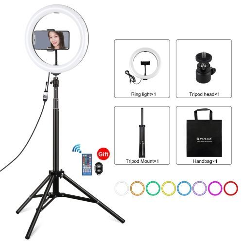 PULUZ 10,2 pouces 26 cm RGBW LED anneau lumineux à intensité variable PU455B + PU450B trépied ensemble de diffusion en direct avec télécommande et pince pour téléphone portable (couleur : noir) - 4,7 pouces