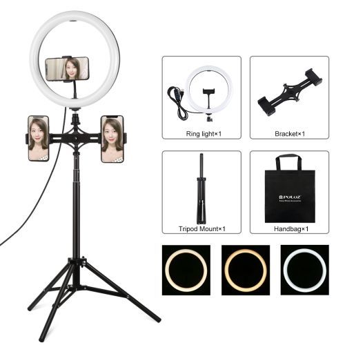 Puluz 11,8 Pouces 30 Cm Led Anneau Lumineux À Double Température De Couleur À Intensité Variable Pu457b + +Pu394 Barre Transversale Double Caméra + Pu450b Trépied Ensemble De Diffusion En Direct Pince Pour Téléphone Portable (Couleur : Noir) - 4,7 Pouces