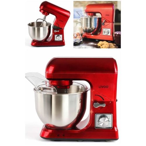 Robot Pâtissier Pétrin Rouge 1000W Bol inox 5L 6 vitesses de rotation pour préparer vos pâtes à tartes, crêpes, pizza, pain crème fo