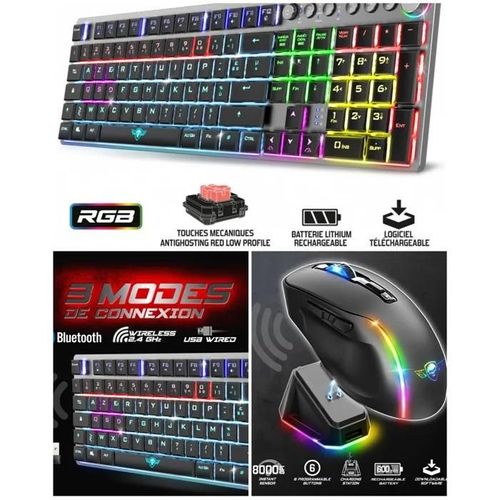 PACK Clavier Mécanique sans fil Bluetooth RGB USB RF 2,4GHz + Souris sans fil - ELITE M50 - 8000 DPI - 6 boutons programmables -