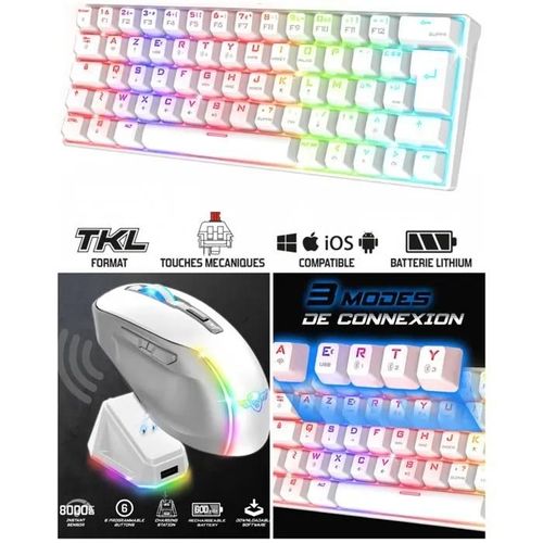 PACK Clavier Mécanique BLANC sans fil Bluetooth RGB USB RF 2,4GHz + Souris sans fil - ELITE M50 - 8000 DPI - 6 boutons programmables