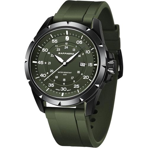 Montre Homme Étanche 5 Atm Mouvement Quartz Japonais - Bracelet Silicone Noir, Boîtier Acier Inoxydable, Cadran Kaki Avec Date, Sport, Business Et Casual Polyvalent Vert