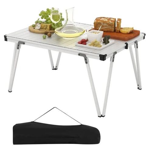 Costway Table Pliante De Jardin Avec Sac De Rangement, Plateau Etanche Et Enroulable, Structure En Aluminium, Charge 80 Kg, Argent