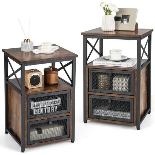 Costway Lot De 2 Tables De Chevet Avec 2 Compartiments Et 2 Étagères Ouvertes, 40x35x61 Cm, Table D'appoint, Salon, Chambre, Bureau
