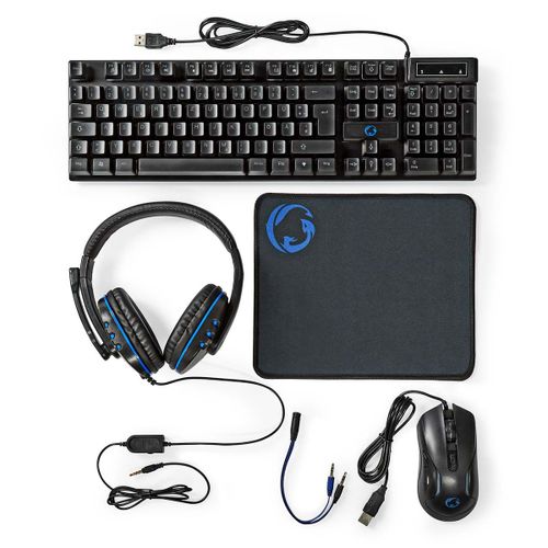 Pack gaming 5-en-1 avec Clavier, Souris, Casque et Tapis Rétroéclairé Nedis Noir