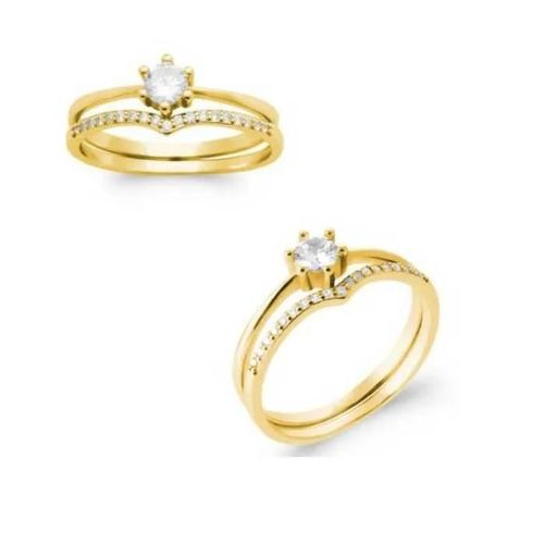 Bague Solitaire Double Anneaux Effet 2 En 1 En Plaqué Or 18 Carats T 50 À 60 Doré - 52