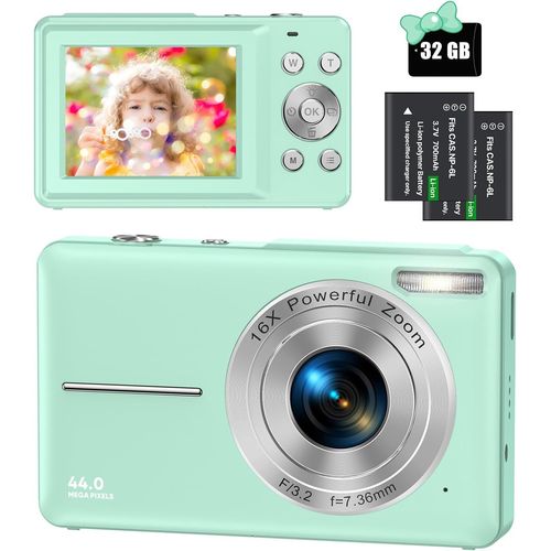 GOTHICANA BY EMPAppareil Photo Numérique Compact Avec Carte 32Go, 1080P Hd 44Mp Appareil Photo Enfant Avec 16X Digital Zoom, 2,4"" Lcd Pour Enfants, Adolescents, Débutants, Garçons Et Filles (Vert)
