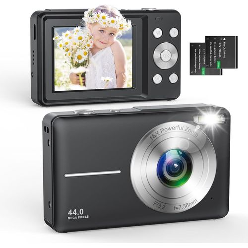 GOTHICANA BY EMPAppareil Photo Numérique Compact,1080P Hd 44Mp Appareil Photo Enfant Avec 2 Batterie,Appareil Photo Numériques Compact Avec 16X Digital Zoom Pour Enfants, Adolescents (Noir)