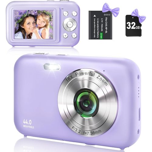 GOTHICANA BY EMPAppareil Photo Numérique Avec Carte Sd 32 Go, Hd 1080P 44 Mp, Appareil Photo, Appareil Photo Numérique Lcd Rechargeable Avec Zoom Numérique 16X Pour Enfants, Adultes (Violet)