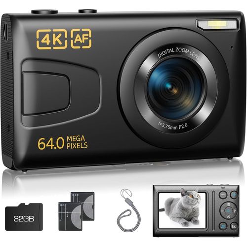 GOTHICANA BY EMPAppareil Photo Numérique, Appareil Photo Compact 4K 64 Mp Avec Carte Sd De 32 Go, Zoom 18X, 2 Piles, Petites Caméras De Vlogging Pour Enfants, Garçons, Filles, Adultes, Adolescents (N