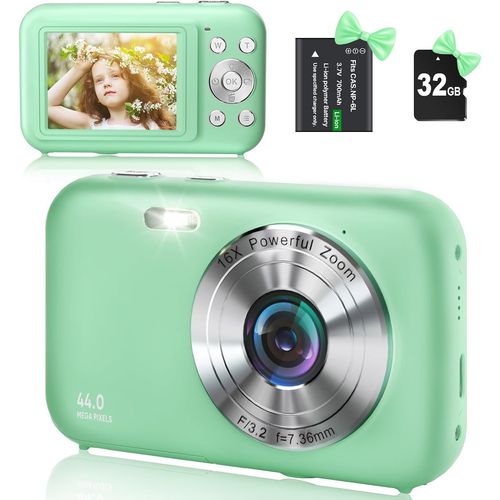GOTHICANA BY EMPAppareil Photo Numérique Avec Carte Sd 32 Go, Hd 1080P 44 Mp, Appareil Photo, Appareil Photo Numérique Lcd Rechargeable Avec Zoom Numérique 16X Pour Enfants, Adultes (Vert)