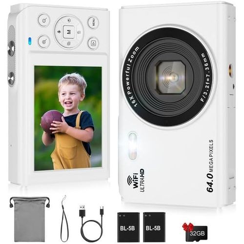 GOTHICANA BY EMPAppareil Photo Numérique 4K 64 Mp Mini Appareil Photo Numérique Autofocus Compact 2,8"" Lcd 16X Zoom Flash Appareil Photo Numérique Avec Carte 32 G, 2 Batteries, Appareil Photo Pour En