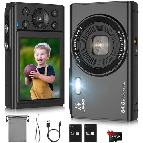 GOTHICANA BY EMPAppareil Photo Numérique 4K 64 Mp Mini Appareil Photo Numérique Autofocus Compact 2,8"" Lcd 16X Zoom Flash Appareil Photo Numérique Avec Carte 32 G, 2 Batteries, Appareil Photo Pour En