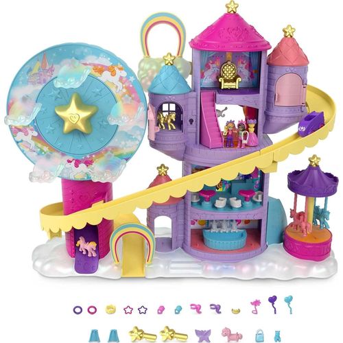 Pollyville Coffret Parc Dattractions Arc-En-Ciel, Mini-Figurines Polly, Shani Et 2 Licornes, 25 Accessoires Inclus, Jouet Pour Enfant, Hbt13