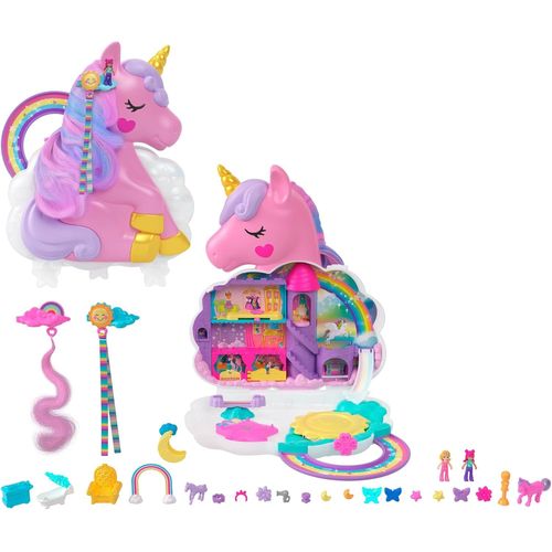 Coffret 2-En-1 Salon De Coiffure Licorne Arc-En-Ciel Avec Tête À Coiffer, Comprend 2 Figurines, Plus 25 Accessoires Et Éléments Mobiles, Jouet Pour Enfant De 4 Ans Et Plus, Hmx18