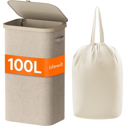 GOUTS ET COULEURSPanier A Linge Sale 100L, Bac A Linge Avec Couvercle, Corbeille A Linge Avec Plastique Poignées Et Sac A Linge, Grand Panier Linge Pliable Pour Buanderie, Chambre, Salle De Bain, Bei