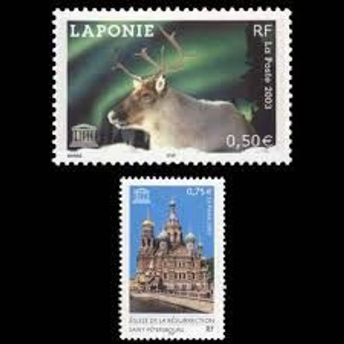Unesco : Patrimoine Universel Sites Classés À Protéger : Renne De Laponie Et Saint Pétersbourg Russie La Paire Année 2003 Timbres De Service 128 129 Yvert Et Tellier Luxe