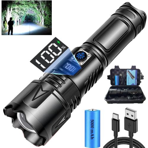 Lampe Torche Led Ultra Puissante, 500000 Lumens Usb-C Rechargeable Lampe De Poche Avec Batterie 5000mah, 5 Modes Zoombar Ip65 Étanche Tactique Torches Pour Camping D'urgence Randonnée[H37]