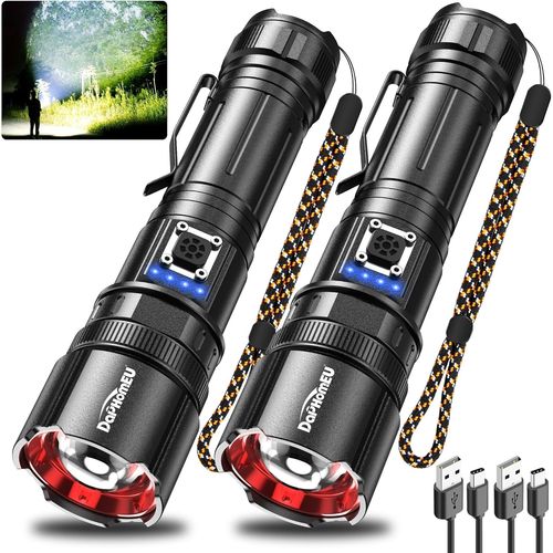 Lot De 2 Lampes De Poche Led Rechargeables - 250 000 Lumens - Lampe De Poche Led Extrêmement Lumineuse - Lampe De Poche Tactique En Métal Avec 5 Modes, Zoom Et Indicateur De Batterie - Pour[H89]