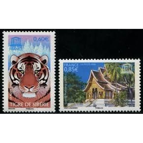 Unesco : Patrimoine Universel Sites Classés À Protéger : Tigre De Sibérie Et Temple Au Laos La Paire Année 2006 Timbres De Service N° 134 135 Yvert Et Tellier Luxe