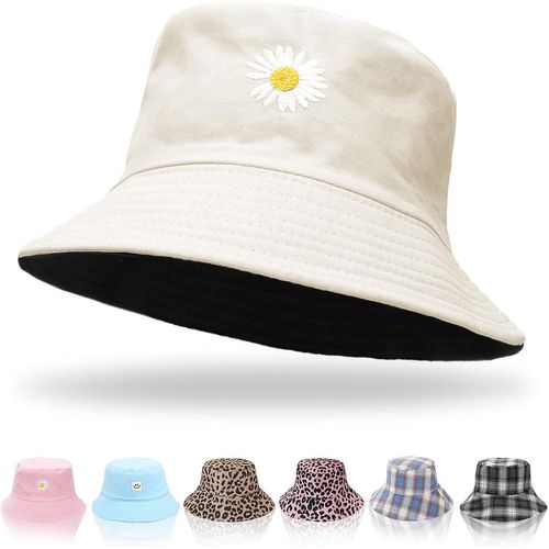 Chapeaux Femmes - Chapeau Bob Broderie Daisy Chapeau Pêcheur D'été Femme Bob Réversible Coton Chapeaux De Soleil Pliable Double Face Chapeau Pour Adolescentes Filles Voyage En Plein Air
