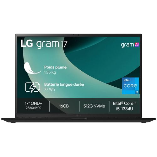 LG gram 17Z90RU-G.AP55F - 17" Core i5 I5-1334U 16 Go RAM 512 Go SSD Noir AZERTY