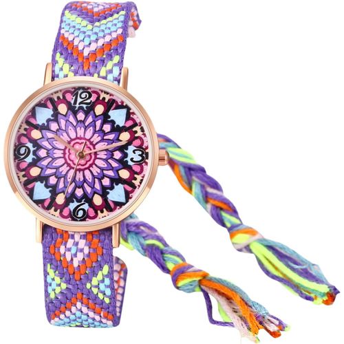 Shiba-Montre Femme Bracelet Tissu: Montre Bracelet Corde Tressée Fantaisie Analogique Quartz Avec Motif Floral Coloré Vive Gros Ca[2