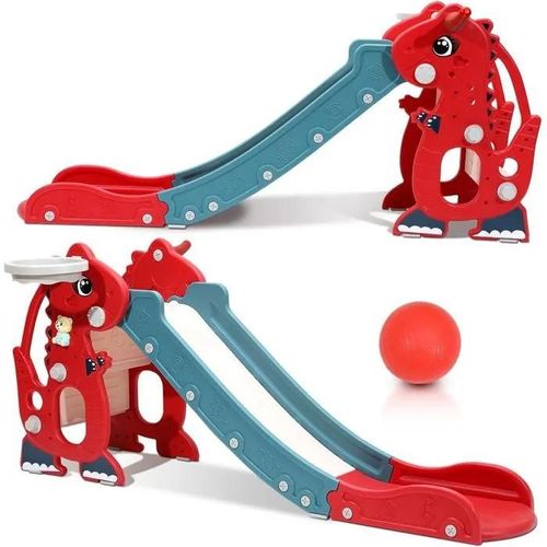 Toboggan Pliable Pour Enfant, Avec Panier De Basket-Ball Et Accoudoirs Pour L'intérieur Et L'extérieur, Rouge