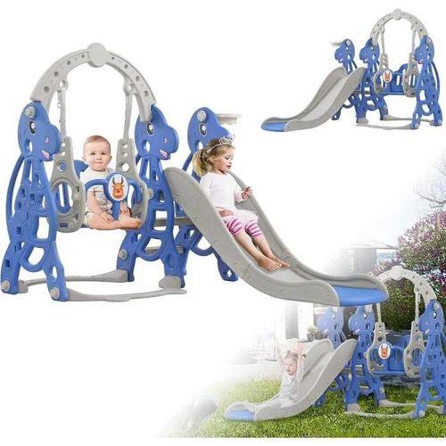 Toboggan Autoportant 4 En 1 Pour Enfants, Avec Panier De Basket, Balançoire, Cadre D'escalade, En Plastique, Gris Et Bleu