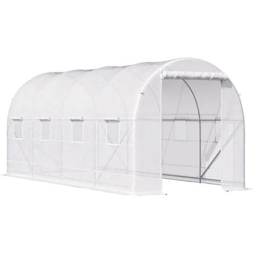 Serre Tunnel De Jardin 5x2m Blanche Avec 8 Fenêtres, Porte Enroulable, Structure Métal Et Bâche Pe