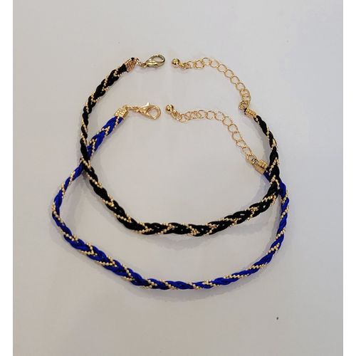 Lot De 2 Chaines Cheville Tressee Noire Doree + Bleue Doree !