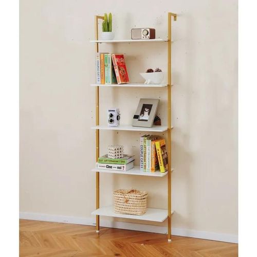 Costway Bibliothèque Murale À 5 Niveaux, Kits Anti-Renversement, Cadre En Métal, Patins De Pied Réglable, Pour Salon Chambre, Blanc