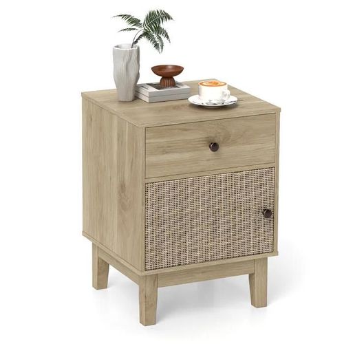 Costway Table De Chevet Avec Tiroir Et Porte, Pieds En Bois, Table De Nuit Rétro Pour Salon, Chambre, 40 X 39 X 55 Cm, Naturel
