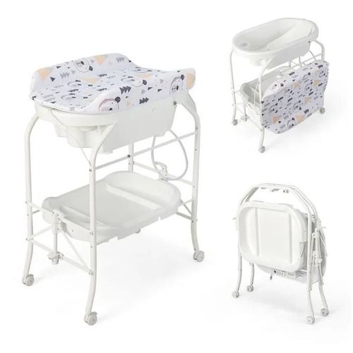 Costway Table À Langer Bébé-Baignoire 20l 4 En 1 Pliante 4 Roues,Tuyau 1m,Plateau De Rangement Coussin Pvc Imperméable 35kg Blanc