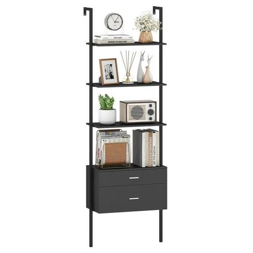 Costway Bibliothèque Murale 184 Cm À 6 Niveaux, 2 Tiroirs, 4 Étagères Ouvertes, Cadre En Métal, Pour Salon Bureau Chambre, Noir