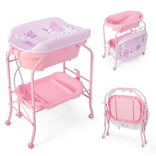Costway Table À Langer Bébé-Baignoire 20l 4 En 1 Pliante 4 Roues,Tuyau 1m,Plateau De Rangement Coussin Pvc Imperméable 35kg Rose