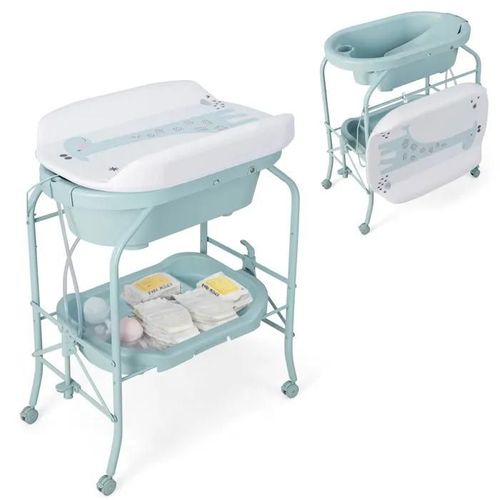 Costway Table À Langer Bébé-Baignoire 20l 4 En 1 Pliante 4 Roues,Tuyau 1m,Plateau De Rangement Coussin Pvc Imperméable 35kg Bleu