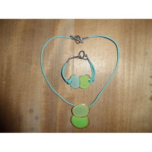 Collier Et Bracelet Lacet Bleu Et Pendentif Vert Et Bleu