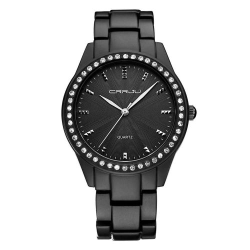 Mode Femmes Strass Étanche Bracelet En Acier Quartz Montre Montre-Bracelet (Noir)